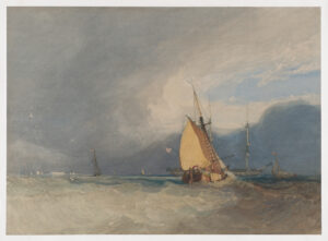 John Sell Cotman, Boats off the Coast, Storm Approaching, 1830 Watercolor over traces of graphite, with gouache, scratching out, stopping out, and gum arabic, 18 9/16 × 25 11/16 in Metropolitan Museum of Art, New York