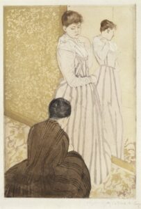 Mary Cassatt, The Fitting, c 1890–91 Drypoint and aquatint printed in color, 16.8 x 12.0 in Brooklyn Museum, Brooklyn, NY