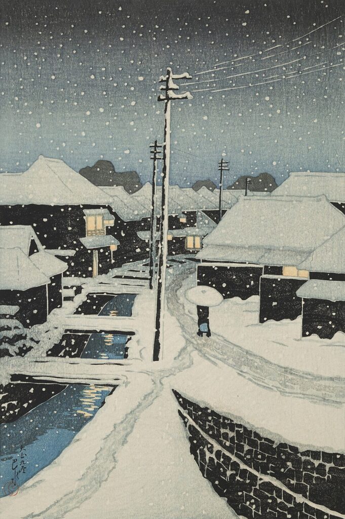 Kawase Hasui, Evening Snow at Terashima Village 1931 Color woodblock print 15.0 × 10.1 in Museum of Fine Arts, Boston Boston MA