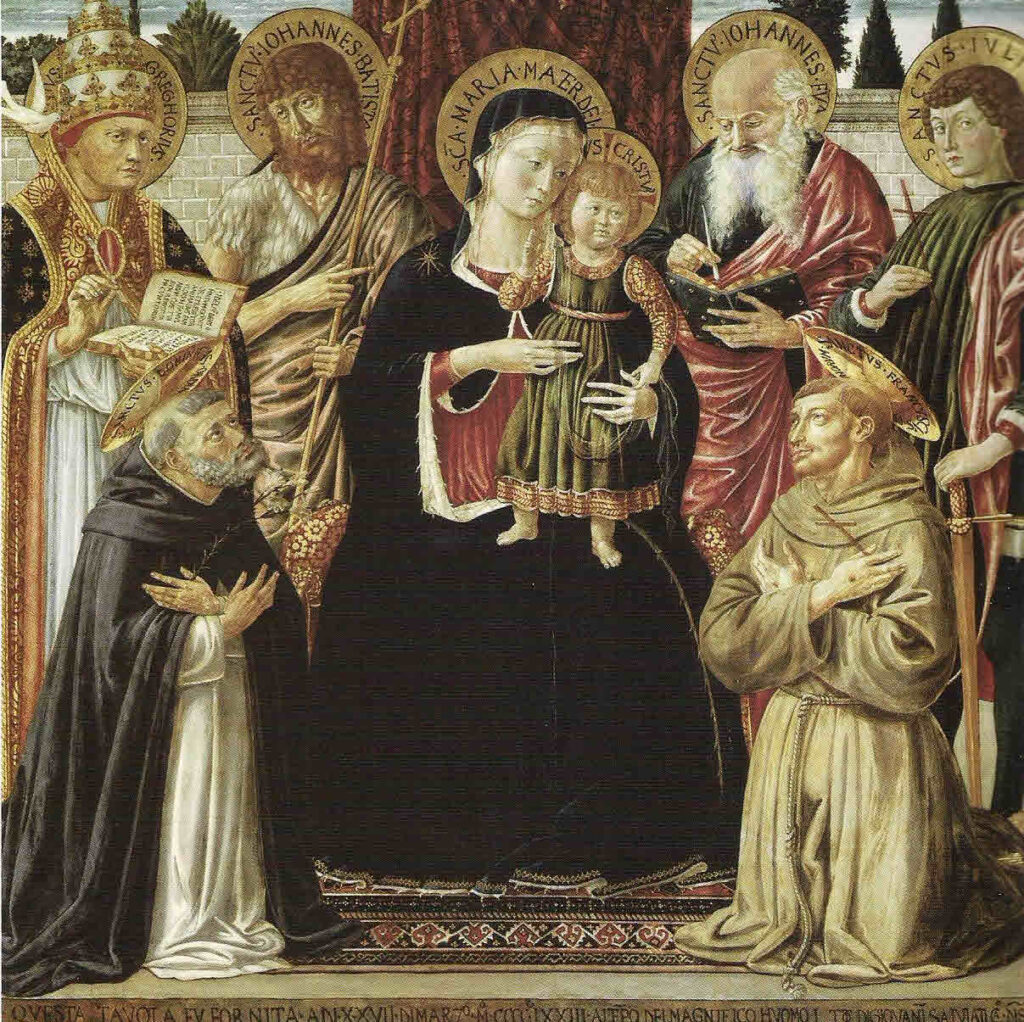 Benozzo Gozzoli, Madonna Enthroned with Saints Dominic and Francis, 1473 Tempera on panel, 79.5 x 74.8 in Pinacoteca Vaticana, Vatican City