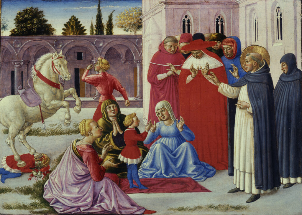 Benozzo Gozzoli, Saint Dominic Resuscitates Napoleone Orsini, 1461 Tempera on panel, 9.8 x 13.8 in Pinacoteca di Brera, Milan