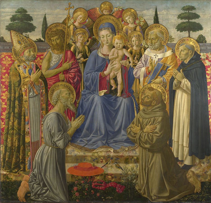 Benozzo Gozzoli, The Virgin and Child Enthroned among Angels and Saints, c 1461 – 1462 Tempera on panel, 66.9 x 66.1 in National Gallery, London