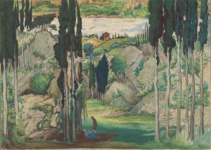 Léon Bakst, Set design for Act I from Daphnis and Chloe, 1912 Watercolor on paper, 7.5 x 10.6 in Harvard Theatre Collection, Houghton Library