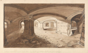 John Sell Cotman, Caverns Excavated in the Rock within the Castle of Chateau Gaillard, near Andelys, Normandy, 1822 Graphite and brown wash on medium smooth cream wove paper, 12.2 x 17.8 in Yale Center for British Art, New Haven, CT