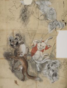 Kawanabe Kyōsai, Frolicking Animals, Nekomata and Tanuki Badger, c 1870 Ink and color on paper, 50 x 36 in British Museum, London, UK