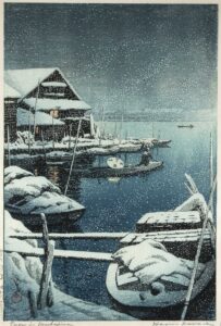 Kawase Hasui, Snow in Mukojima, 1931 Color woodblock print, 15.0 × 10.1 in Museum of Fine Arts, Boston, MA