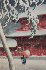 Kawase Hasui, Zojoji Temple in Snow c 1929 Color woodblock print, 15.0 × 10.1 in, National Diet Library, Tokyo, Japan