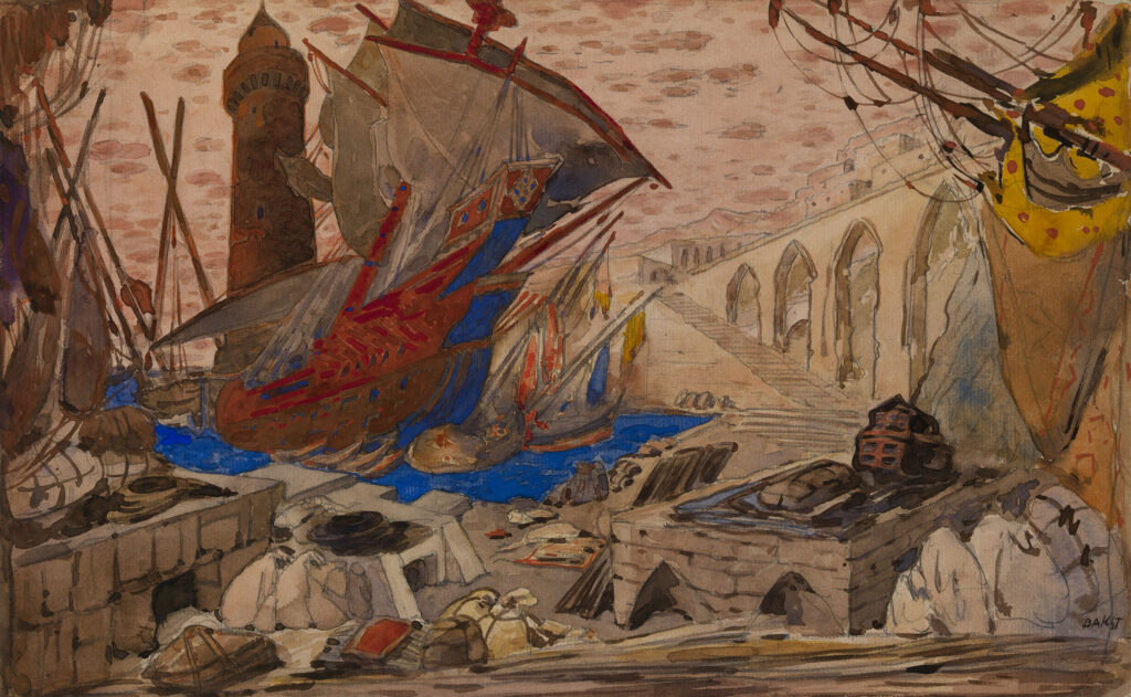 Léon Bakst, The Port of Famagusta, set design for "The Pisanella, or La Morte Parfumée," 1913 Watercolor and gouache on cardboard, 9.4 by 15.4 in Private collection