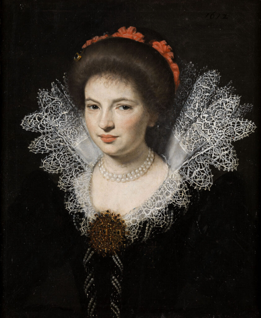 Michiel Jansz. van Mierevelt, Portrait of a Lady in a Black Dress and White Lace Collar, 1612 Oil on canvas, 24.4 x 24.6 in Private collection