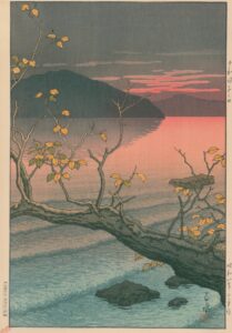 Kawase Hasui, Lake Towada at Sunset, 1932 Color woodblock print, 15.0 × 10.1 in National Diet Library, Tokyo, Japan