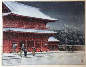 Kawase Hasui, Snow over Zojoji Temple, Shiba 1929 Color woodblock print 15.2 × 10.3 in Carnegie Museum of Art Pittsburgh PA