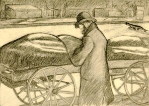 Sir Jacob Epstein, The Push-Carts of Hester Street and Their Guard at Night, lllustration from The Spirit of the Ghetto; Studies of the Jewish Quarter in New York, 1902 Library of Congress, Washington DC