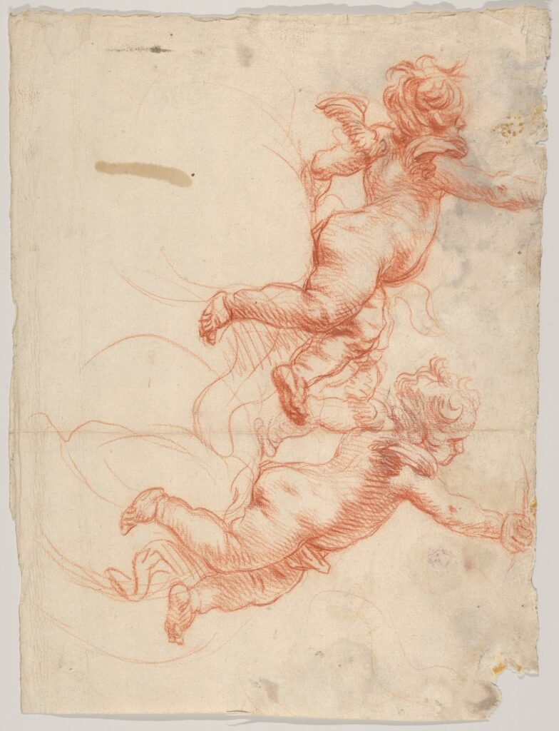 Cornelis Schut, Two Studies of a Flying Putto, mid 17th century Red chalk on paper, 9 13/16 in Metropolitan Museum of Art, New York