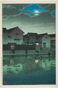 Kawase Hasui, Misty Moonlight at Matsue in Izumo Province , 1924 Color woodblock print, 14 3/8 × 9 1/2 in Art Institute of Chicago