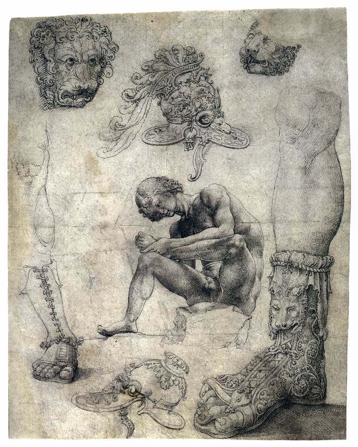 Jan Gossaert, Sheet with a Study after the “Spinario” and Other Sculptures, c 1509 Pen and gray-brown ink, 10.4 x 8.1 in Universiteitsbibliotheek Leiden, Prentenkabinet