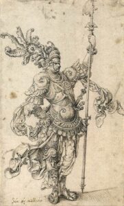 Jan Gossaert, Standing Warrior in Fantastic Armour with a Halberd, c 1509 Pen and black ink over black chalk, 11 x 6.7 in Staatliche Kunstsammlungen, Dresden