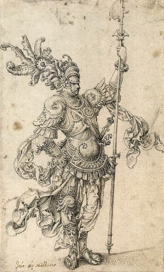 Jan Gossaert, Standing Warrior in Fantastic Armour with a Halberd, c 1509 Pen and black ink over black chalk, 11 x 6.7 in Staatliche Kunstsammlungen, Dresden