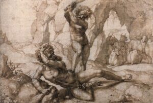 Jan Gossaert, Hercules Killing Cacus, 1520s Pen and brush and brown ink over black chalk, squared in black chalk, 14.4 x 21.5 in Rijksmuseum, Rijksprentenkabinet, Amsterdam