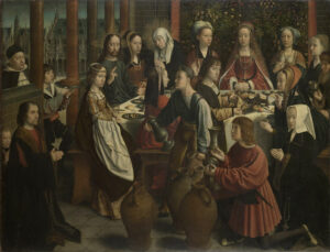 Gerard David, The Wedding at Cana, with Jean de Sedano, His Son, and His Wife, 1500–1510 Oil on wood, 39.4 x 50.4 in Musée du Louvre, Paris