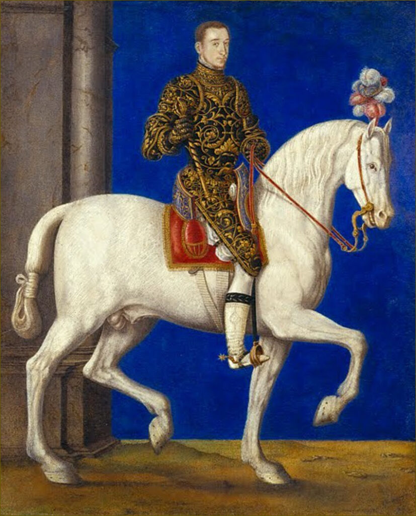 François Clouet, Equestrian Portrait of Henry II as Dauphin, c 1543 Gouache on parchment mounted on wood, 10.8 x 8.8 in Menil Collection, Houston