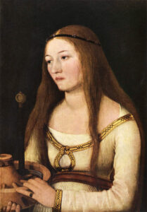 Hans Holbein the Elder, Portrait of Katharina Schwarz with the Attributes of Saint Catherine, 1509 Tempera on panel, 15.6 x 11.2 in Friedenstein Foundation Gotha, Gotha