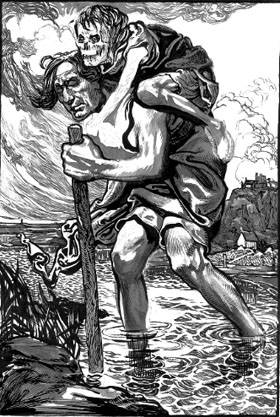 Johannes Josephus Aarts, Man Wading Through the Water With a Skeleton on His Back, 1903–1913 Print Leiden University Library, Leiden
