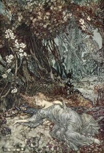 Arthur Rackham, Titania Lying Asleep, 1909 Book illustration A Midsummer Night's Dream, 1909 edition