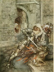 Arthur Rackham, How Sir Launcelot Fought With a Fiendly Dragon, 1917 Book illustration The Romance of King Arthur, Macmillan, 1917