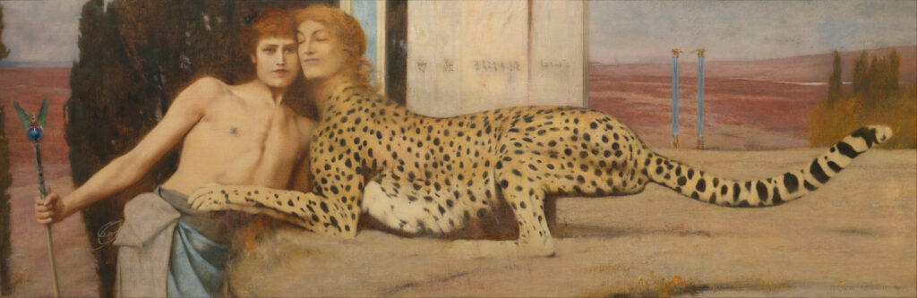 Fernand Khnopff, Caresses/The Sphinx, 1896 Oil on canvas, 59.4 × 19.9 in Royal Museums of Fine Arts of Belgium, Brussels