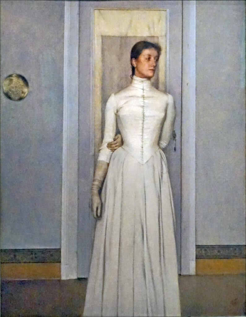 Fernand Khnopff, Portrait of Marguerite Khnopff, 1887 Oil on canvas mounted on panel, 29.3 × 37.8 in King Baudouin Foundation, on deposit at Royal Museums of Fine Arts of Belgium, Brussels