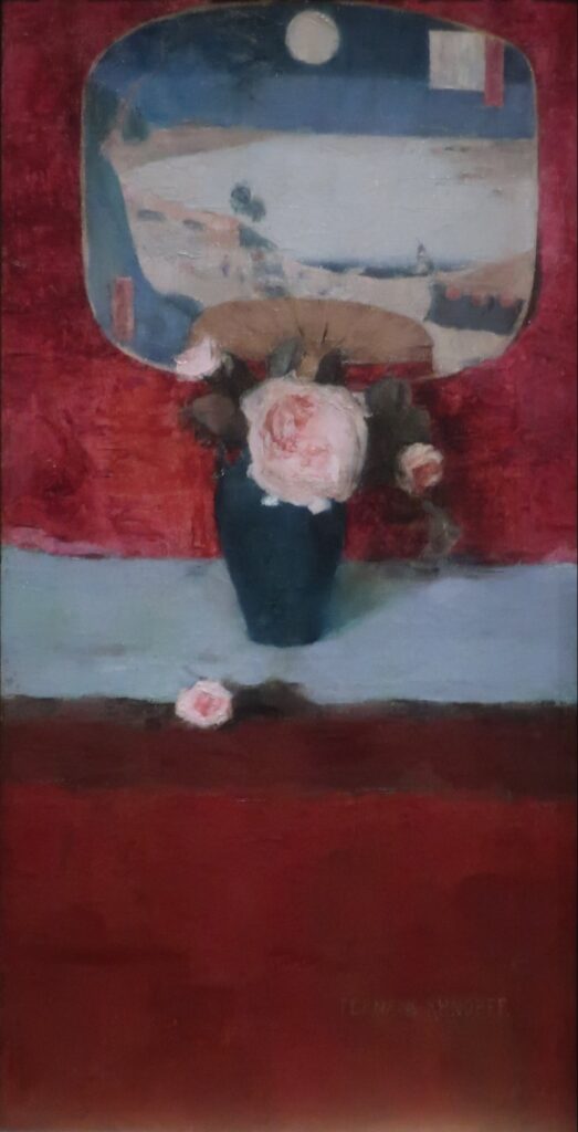 Fernand Khnopff, Roses and Japanese Fan, c 1885 Oil on canvas, 10 × 19.8 in Hearn Family Trust, on loan to Metropolitan Museum of Art, New York