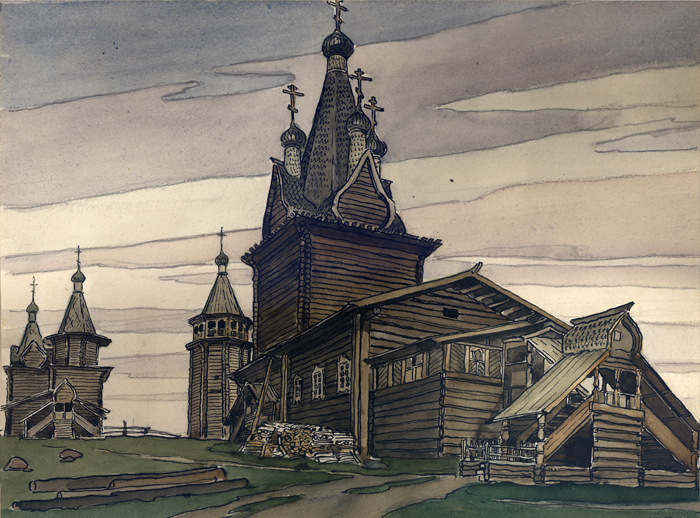 Ivan Yakovlevich Bilibin, Wooden Church of the Russian North, 1904 Watercolor on paper Private Collection