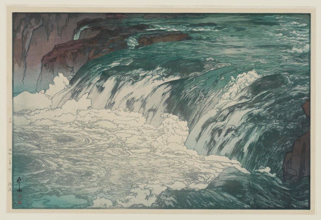 Hiroshi Yoshida, Rapids at the Upper Reaches of Tone River, 1928 Color woodblock print on paper, 9.8 × 14.6 in Museum of Fine Arts, Boston
