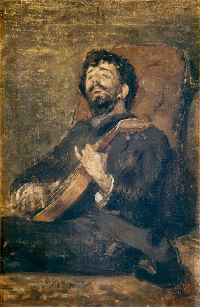 Théo van Rysselberghe, Darío de Regoyos Playing the Guitar, 1885 Oil on canvas mounted on panel, 20.5 × 13.6 in Museo Nacional del Prado, Madrid