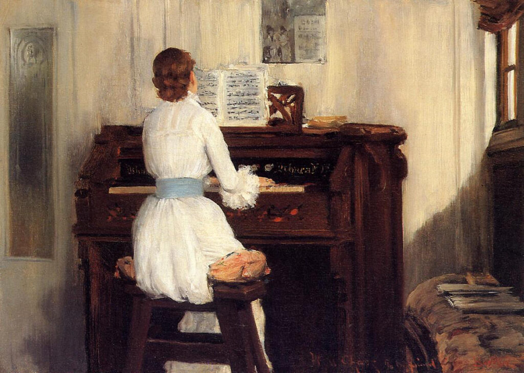 William Merritt Chase, Mrs. Meigs at the Piano Organ, 1883 Oil on canvas, 18.6 × 25.9 in Private Collection