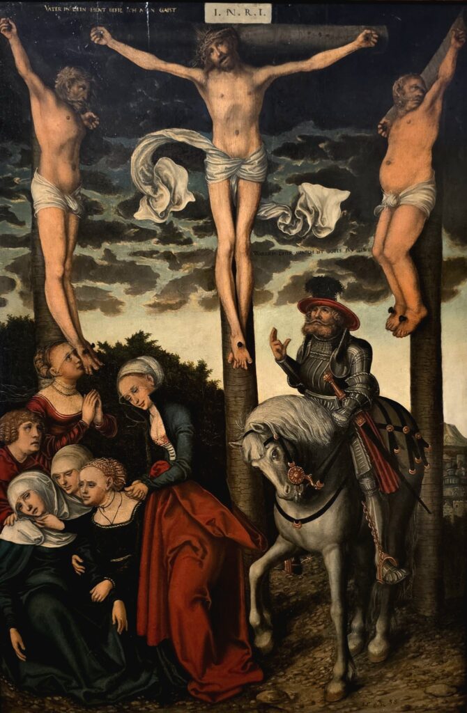 Lucas Cranach the Younger, The Crucifixion with the Converted Centurion, c 1538–1540 Painting on beech wood, 33.7 × 22.7 in Anhaltische Gemäldegalerie, Dessau