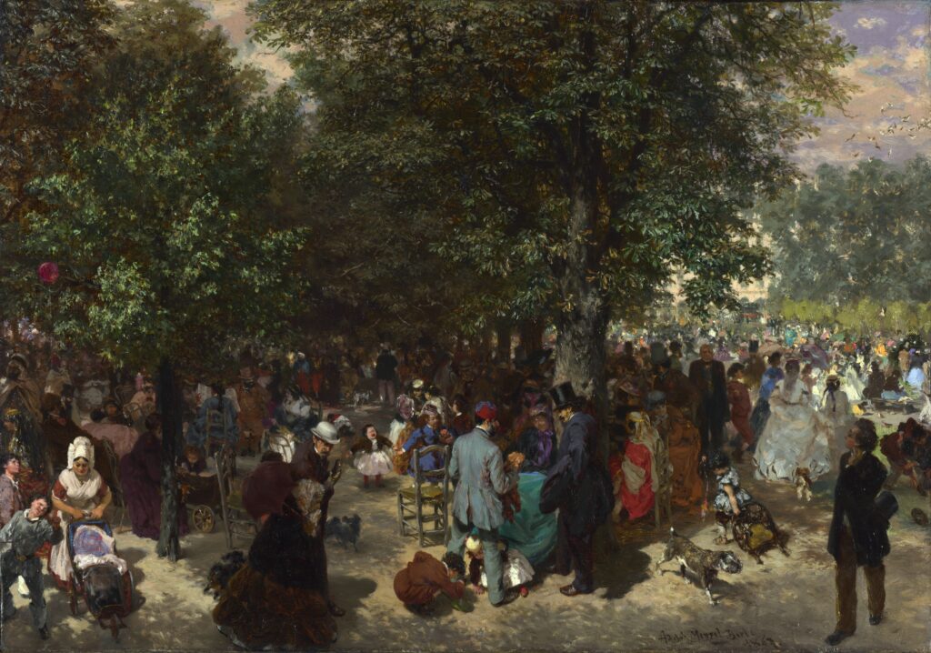 Adolph von Menzel, Afternoon in the Tuileries Gardens, 1867 Oil on canvas, 19.3 × 27.6 in National Gallery, London