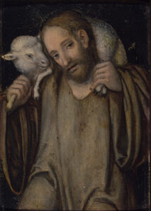 Lucas Cranach the Younger, Christ as the Good Shepherd, c 1540 Painting on beech wood, 8.3 × 5.6 in Angermuseum, Erfurt