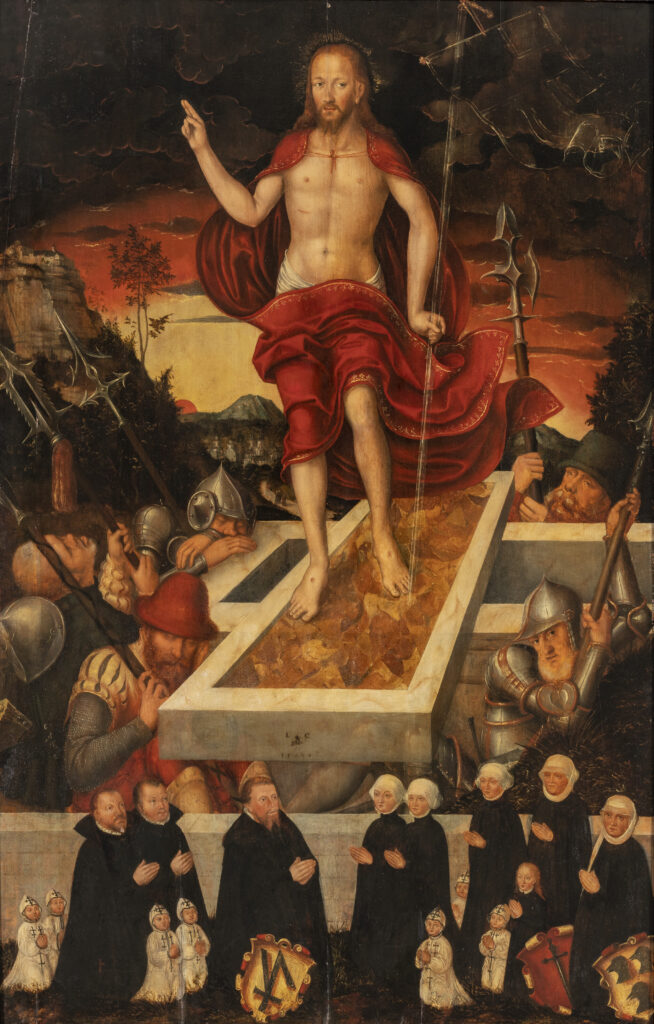 Lucas Cranach the Younger, The Resurrection of Christ with a Donor and His Family, 1554 Painting on limewood, 64.4 × 48.6 in Museum der bildenden Künste Leipzig