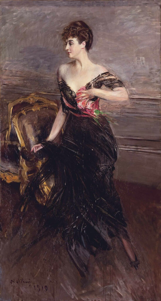 Giovanni Boldini, Portrait of Princess Cécile Murat Ney d’Elchingen, 1910 Oil on canvas, 94.1 × 51.2 in Private Collection