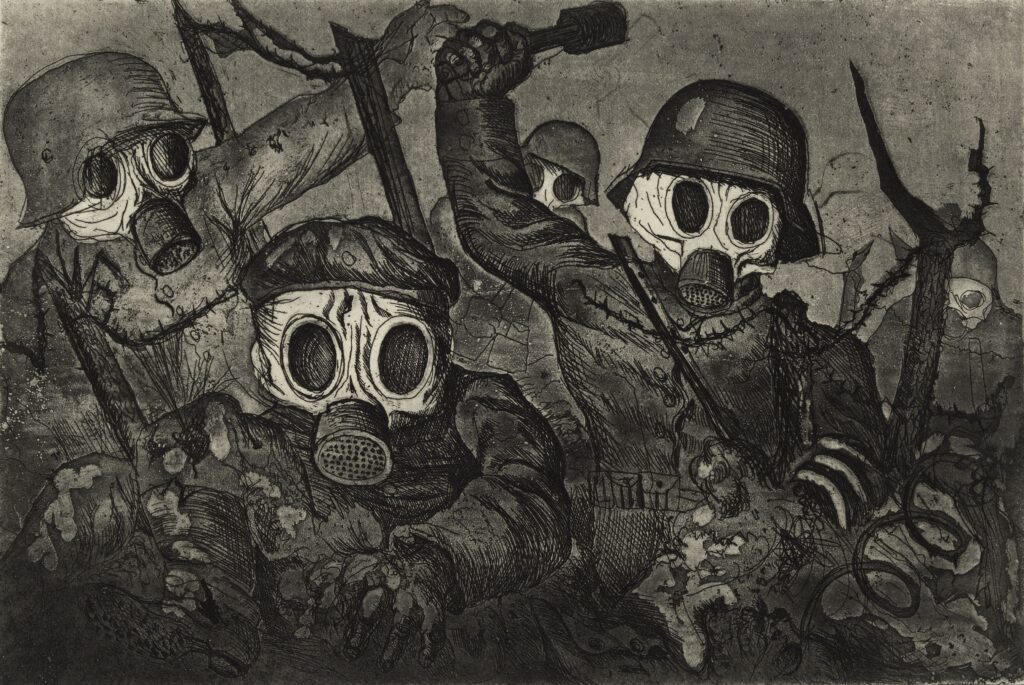 Otto Dix, Stormtroopers Advancing Under Gas Attack, from The War, 1924 Etching, aquatint and drypoint, 7.6 × 11.3 in Museum of Modern Art, New York