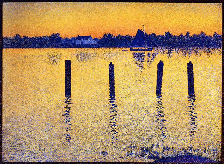 Théo van Rysselberghe, The Scheldt Upstream from Antwerp, Evening/Sailboats on the Scheldt, 1892 Oil on canvas, 26.3 × 35.6 in Private Collection