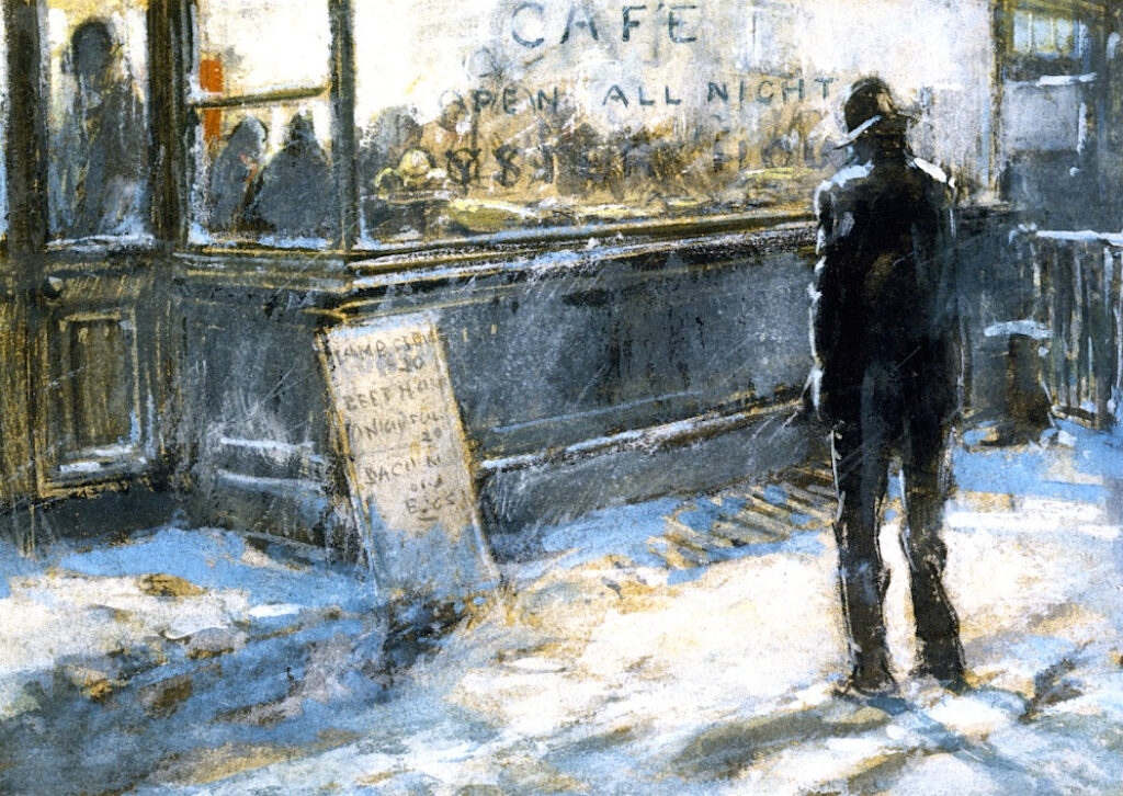 Everett Shinn, All Night Café, c 1900 Pastel, watercolor and graphite on gray paper mounted on board, 8.5 × 12 in Frances Lehman Loeb Art Center, Poughkeepsie