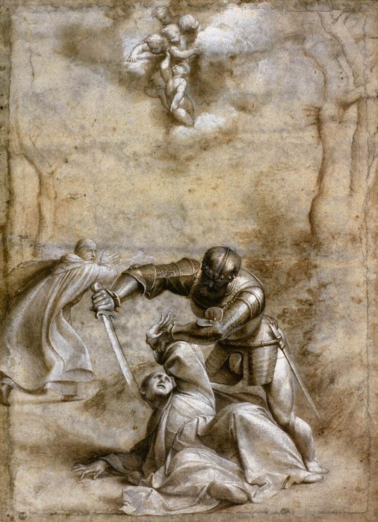 Pordenone, The Martyrdom of St Peter, 1526–1528 Black chalk, brown ink and wash, white heightening on blue paper, 22.1 × 17.7 in Uffizi Gallery