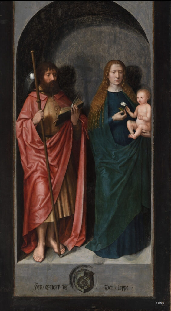 Michel Sittow, The Passion Altarpiece, Left Outer Wing: St James the Elder and the Virgin and Child, c 1520 Tempera and oil on oak panel, 74.4 × 37.8 in Niguliste Museum, Tallinn