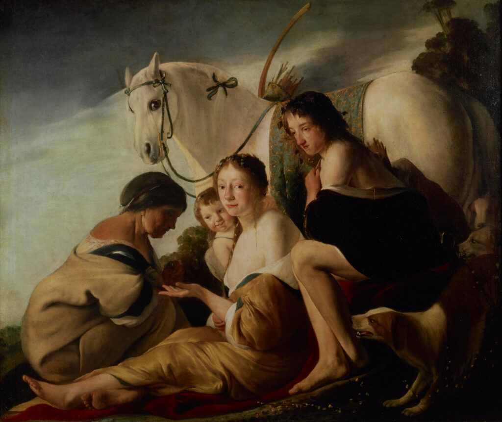 Paulus Bor, Pretiose, Don Juan and the Gypsy Woman Maiombe, 1641 Oil on canvas, 48.6 × 58.2 in Centraal Museum, Utrecht