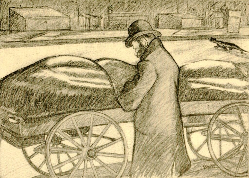 Sir Jacob Epstein, The Push-Carts of Hester Street and Their Guard at Night, from The Spirit of the Ghetto, 1902 Photomechanical reproduction, 3.4 × 4.8 in Library of Congress, Washington DC
