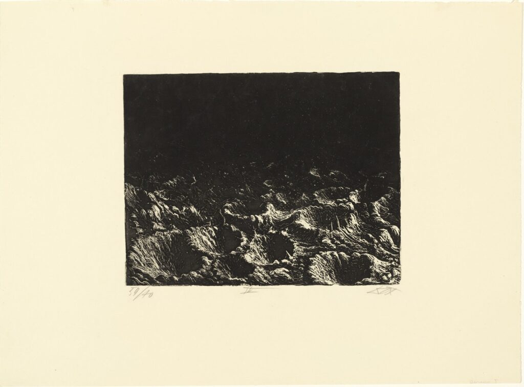 Otto Dix, Crater Field near Dontrien, Lit by Flares, from The War, 1924 Etching and aquatint, 11.4 × 10 in Museum of Modern Art, New York