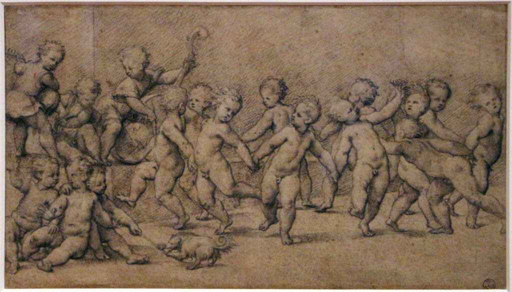 Pordenone, Dancing Cherubs, c 1530–1532 Black chalk, white chalk on faded cerulean blue paper, 8 × 14.1 in Uffizi Gallery