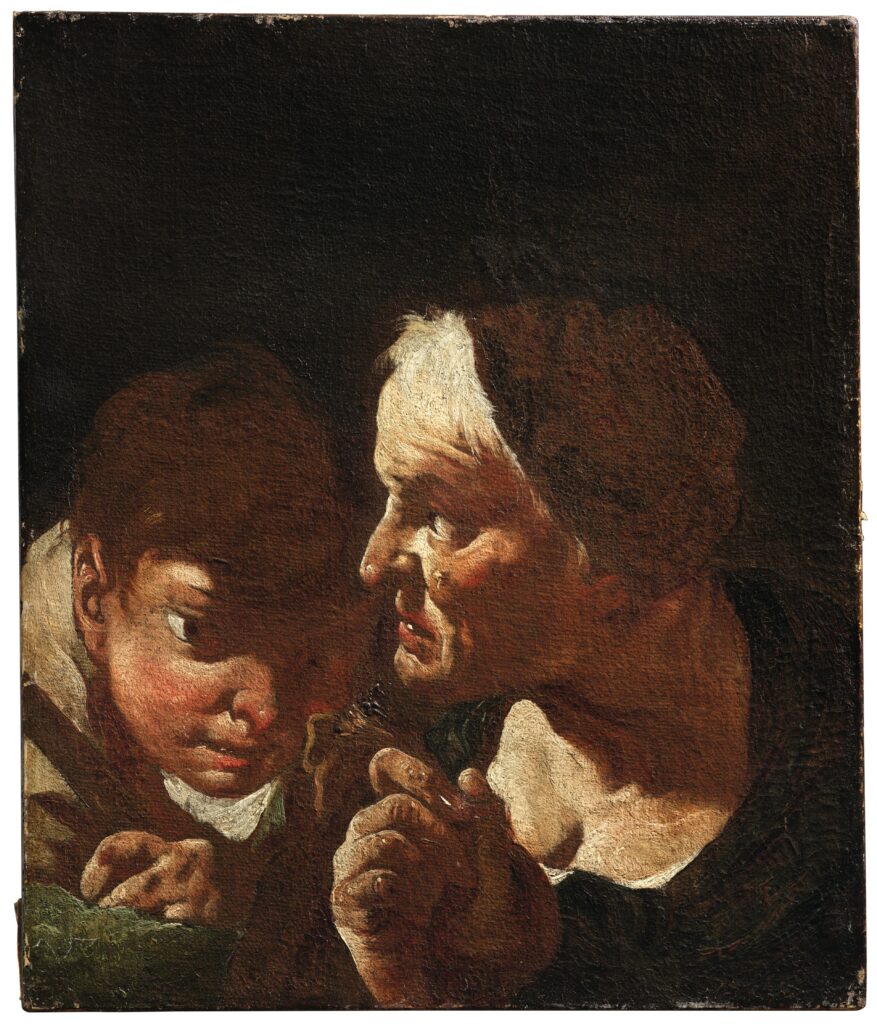 Giulia Lama, An Old Woman Holding a Money Bag Beside a Youth, before 1747 Oil on canvas, 17.7 × 15 in Private Collection